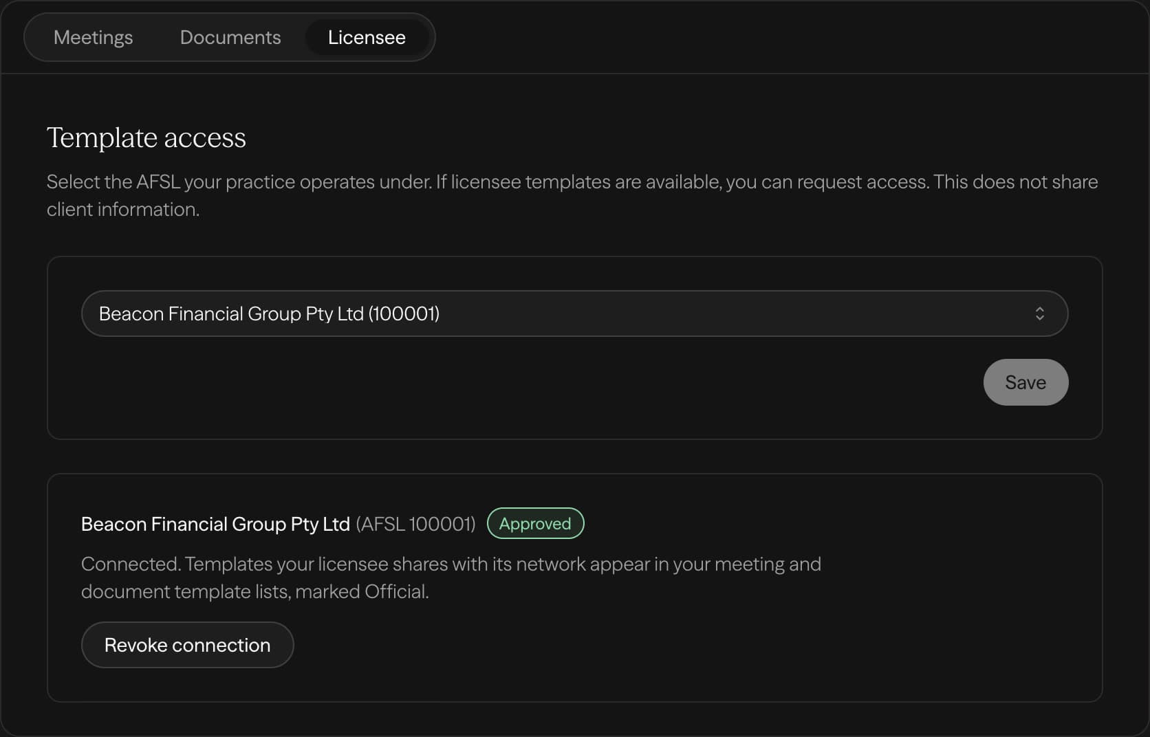 An approved licensee connection in Claras: templates the licensee shares appear in your template lists, marked Official