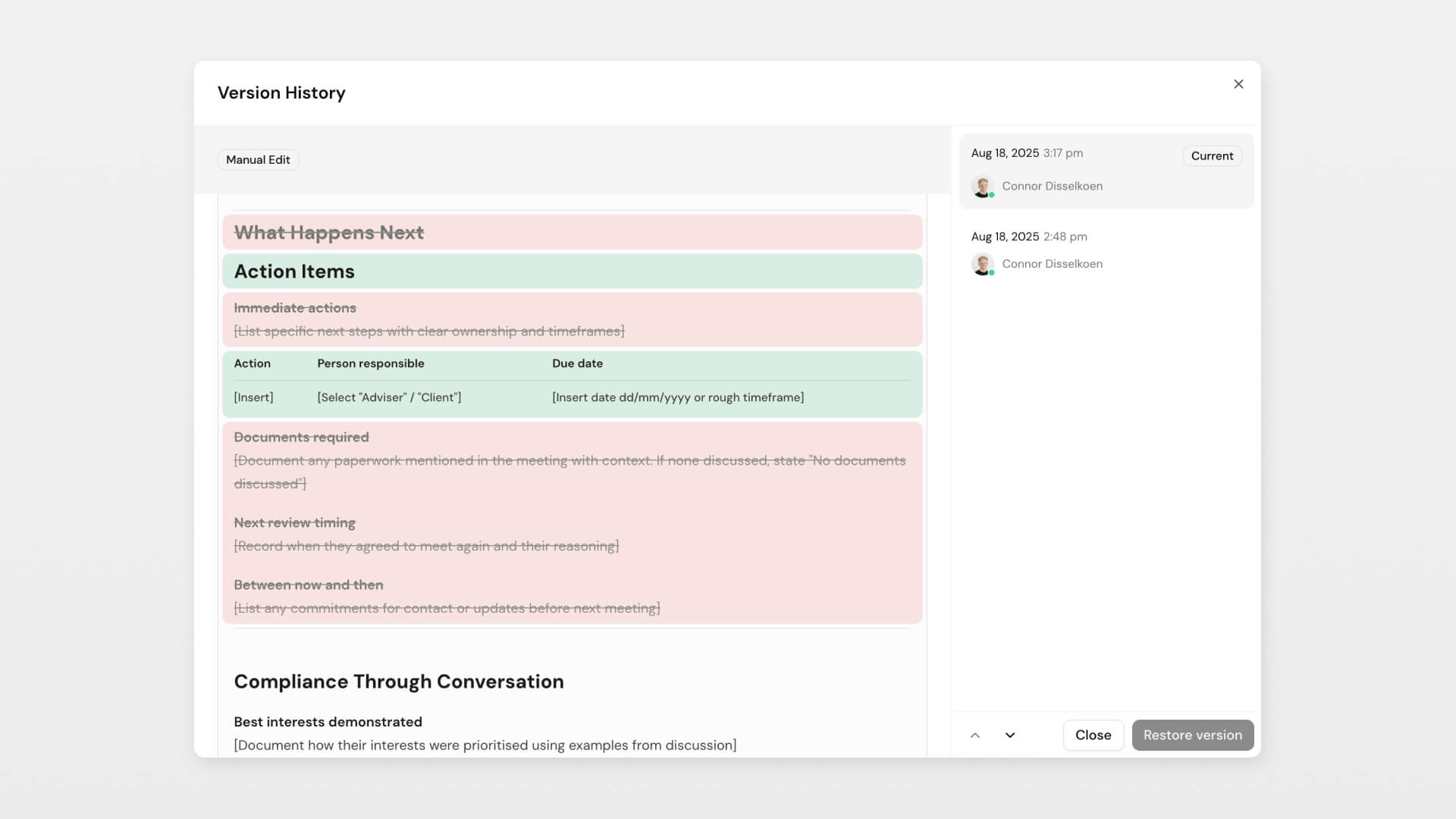 File Note Template Version History